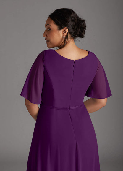 Grape A-Line V-Neck Pleated Chiffon Dress