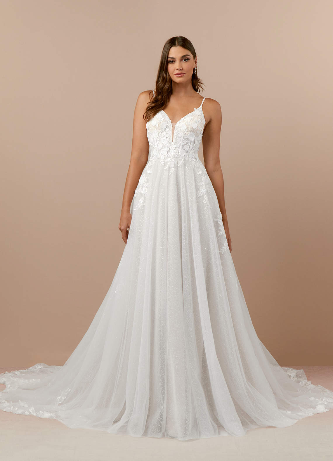 Diamond White A-Line V-Neck Lace Tulle Dress