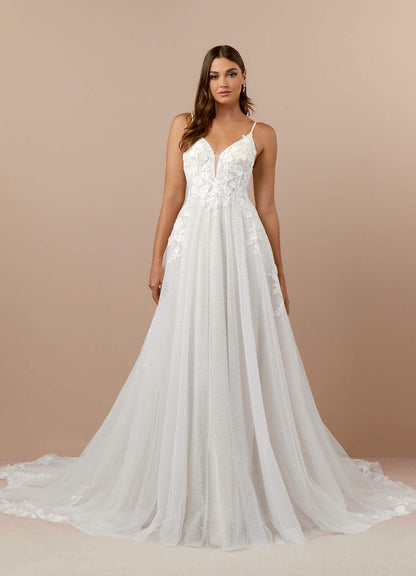 Diamond White A-Line V-Neck Lace Tulle Dress
