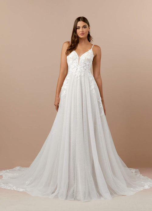 Diamond White A-Line V-Neck Lace Tulle Dress