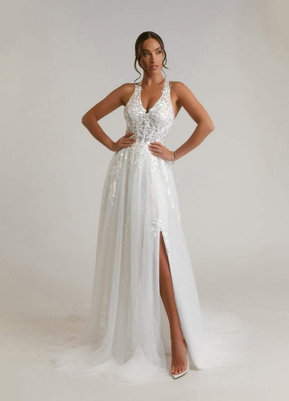 Diamond White A-Line Halter Sequins Tulle Dress