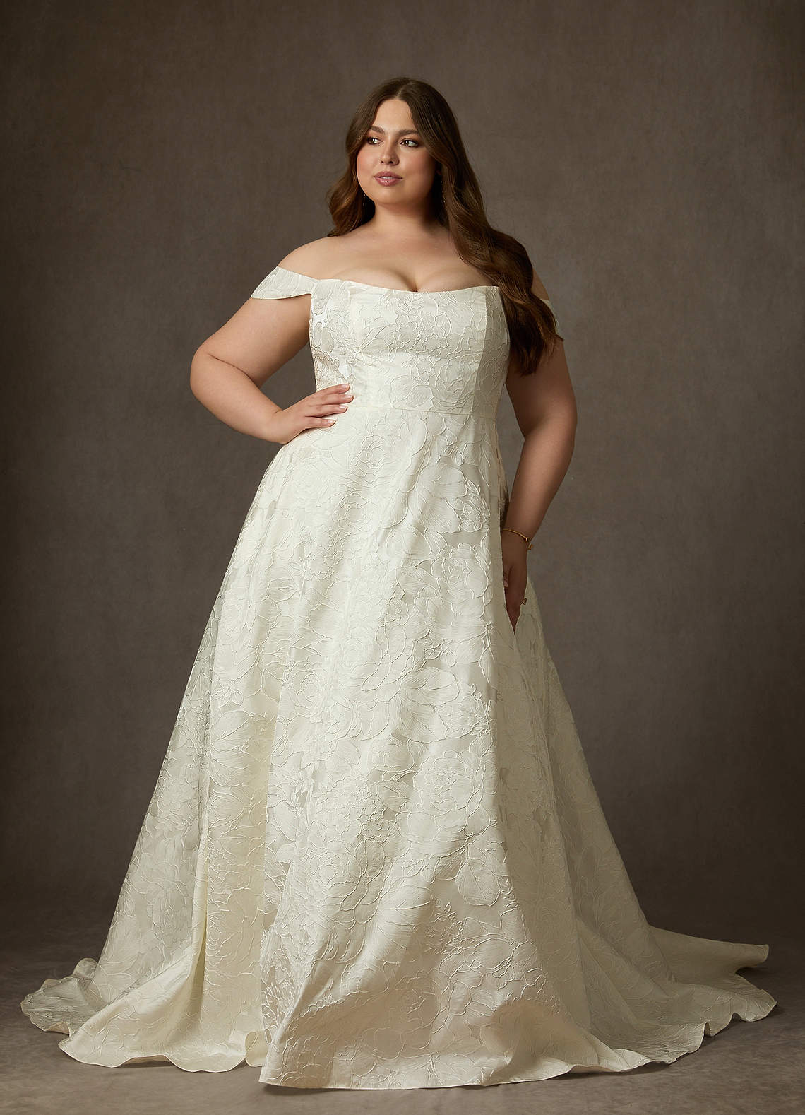 Antique White Ball-Gown Strapless Floral Jacquard Dress