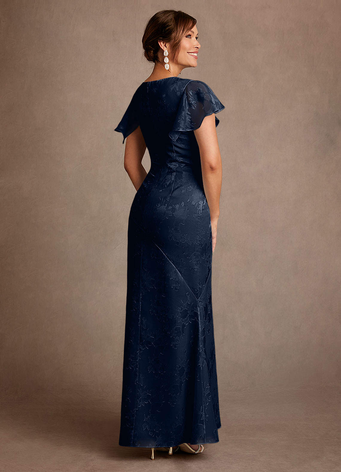Dark Navy Sheath Pleated Floral Jacquard Dress