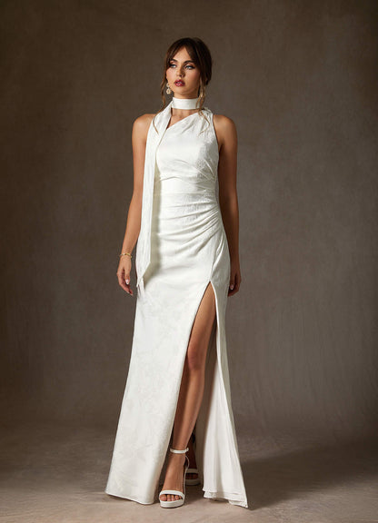 Diamond White Sheath One Shoulder Floral Jacquard Dress