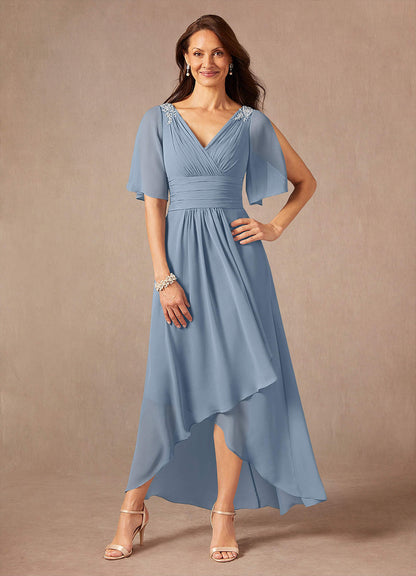 Dusty Blue A-Line Pleated Chiffon Dress