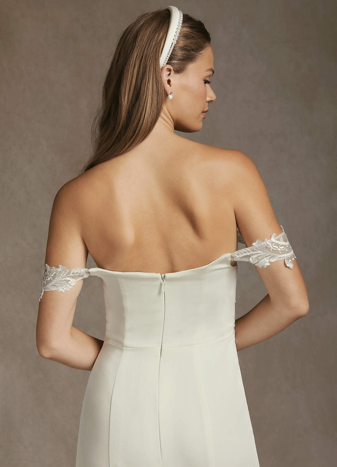 Cream Mermaid Off-The-Shouler Sequins Crepe Back Satin Dress