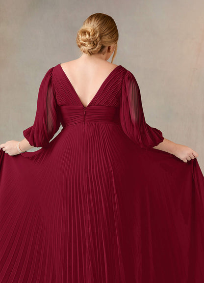 Burgundy A-Line V-Neck Pleated Chiffon Dress