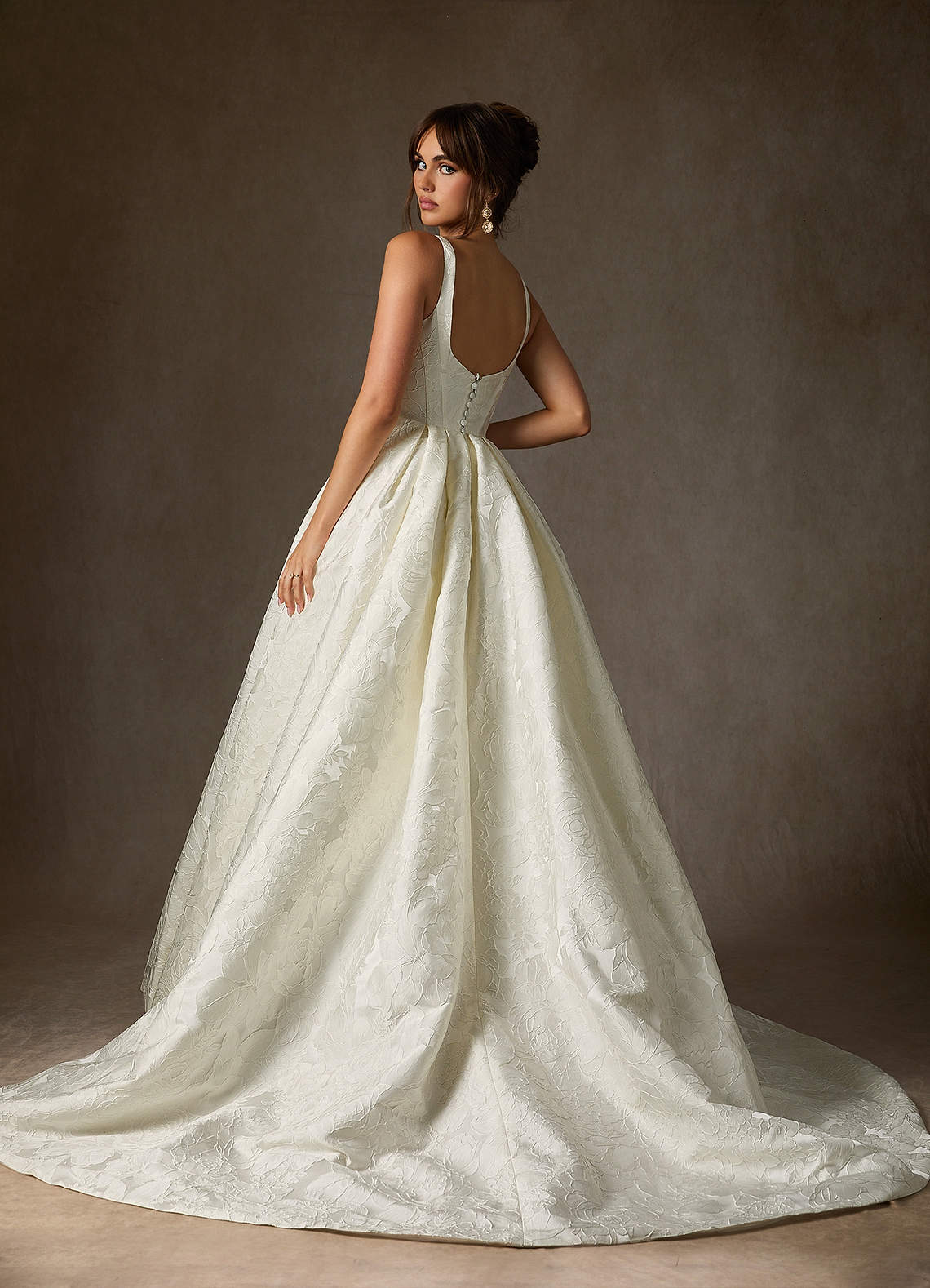 Antique White Ball-Gown with Pockets Floral Jacquard Dress