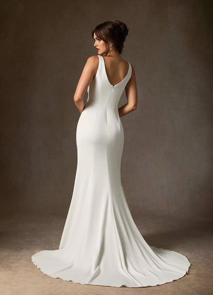 Diamond White Mermaid Scoop Pleated Crepe Back Satin Dress