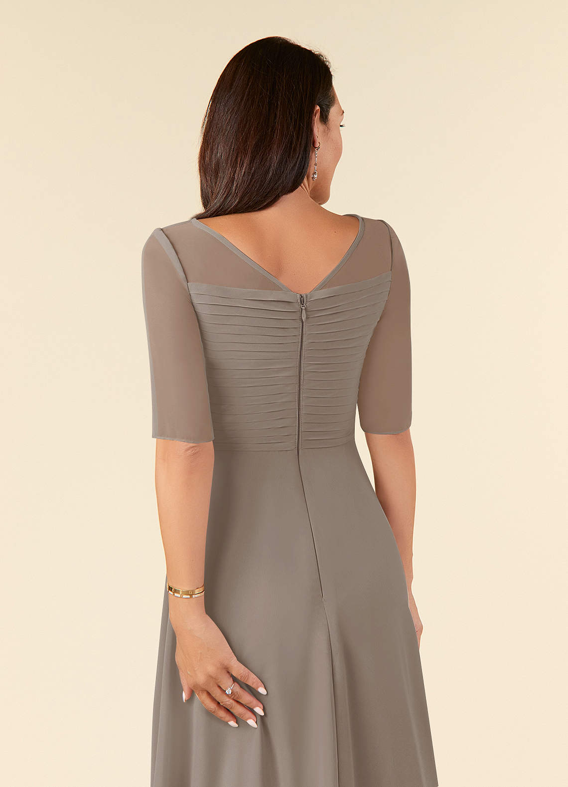 Taupe A-Line Boatneck Pleated Chiffon Dress