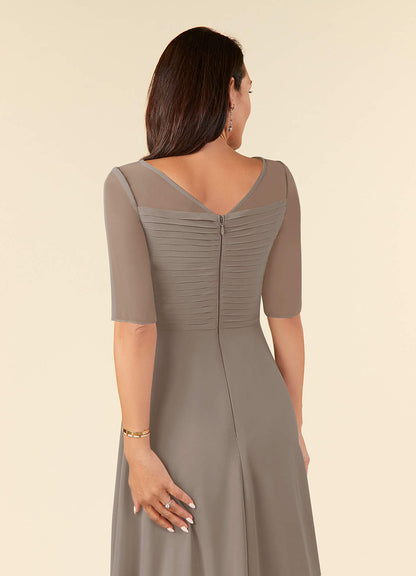 Taupe A-Line Boatneck Pleated Chiffon Dress