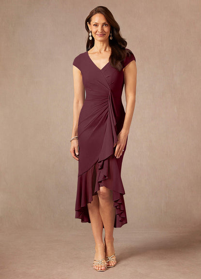 Cabernet Sheath V-Neck Pleated Mesh Dress