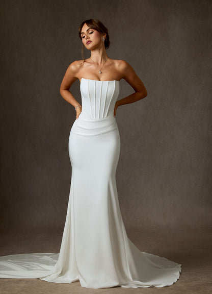 Diamond White Mermaid Strapless Crepe Back Satin Dress