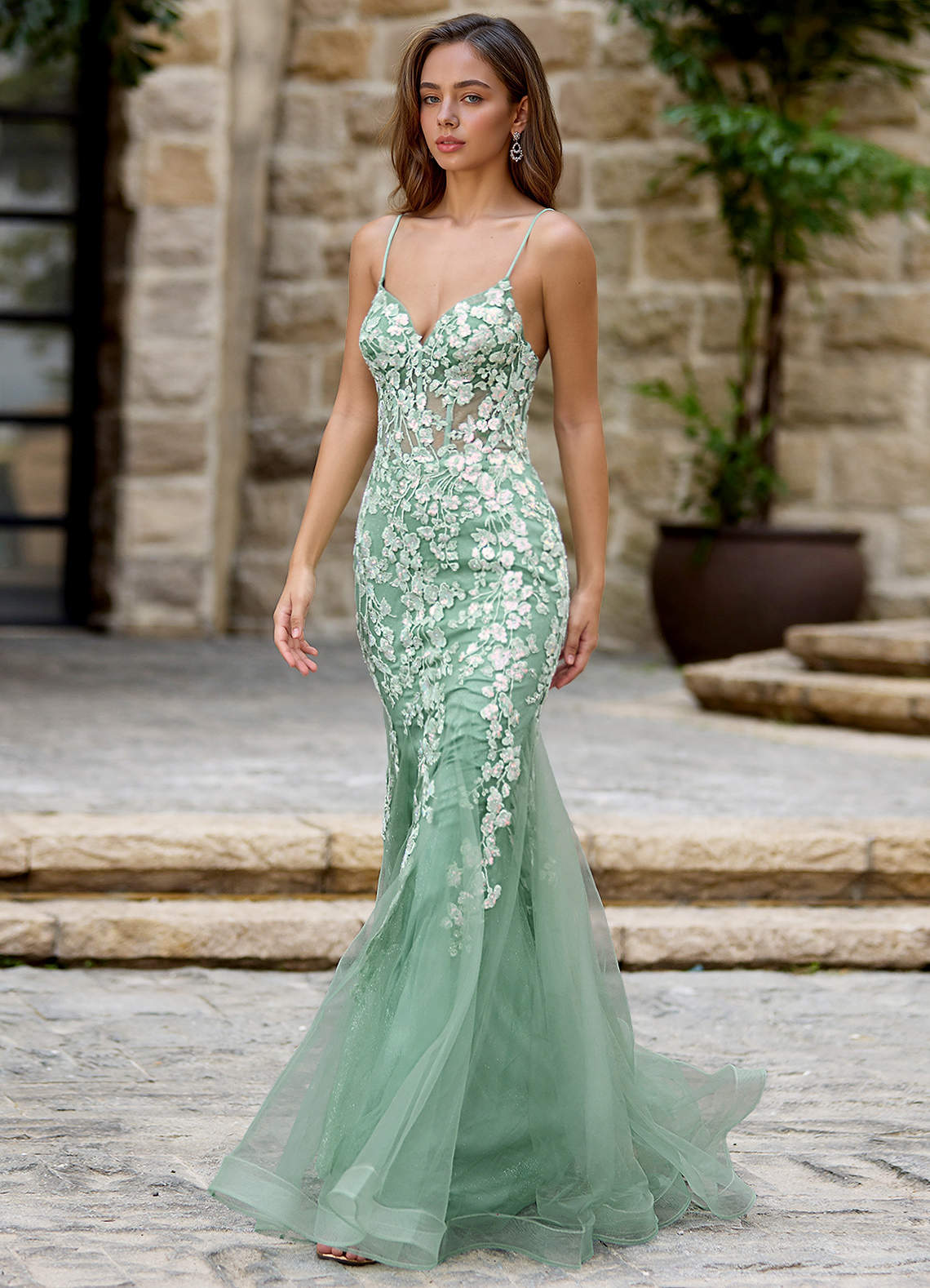 Dentelle Light Green Mermaid Prom Dress
