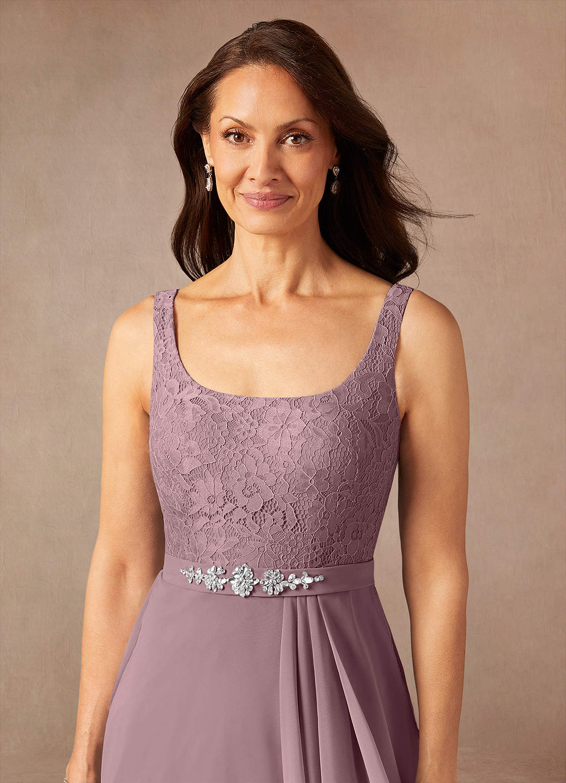 Dusty Rose A-Line Square Neckline Lace Chiffon Dress