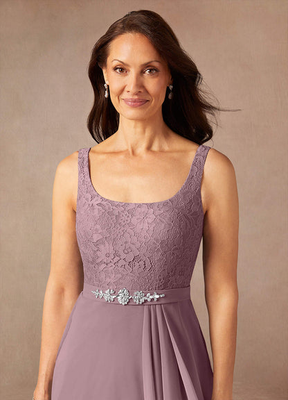 Dusty Rose A-Line Square Neckline Lace Chiffon Dress
