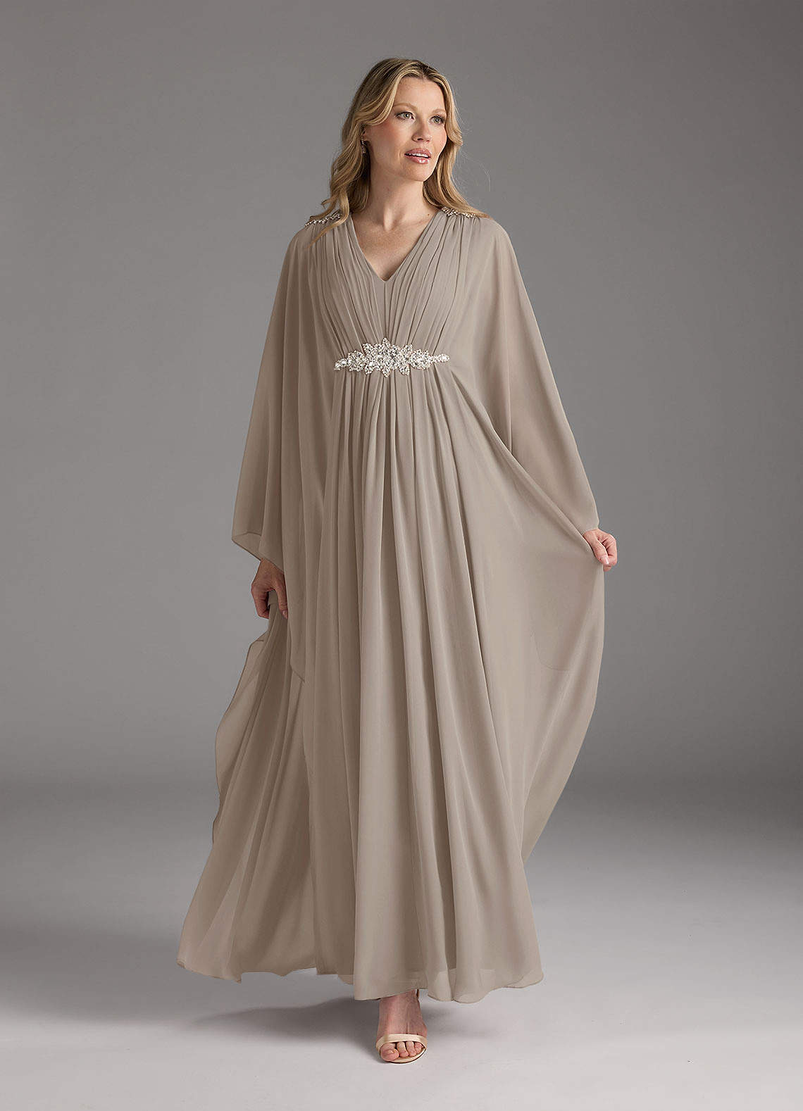 Taupe A-Line Pleated Chiffon Dress