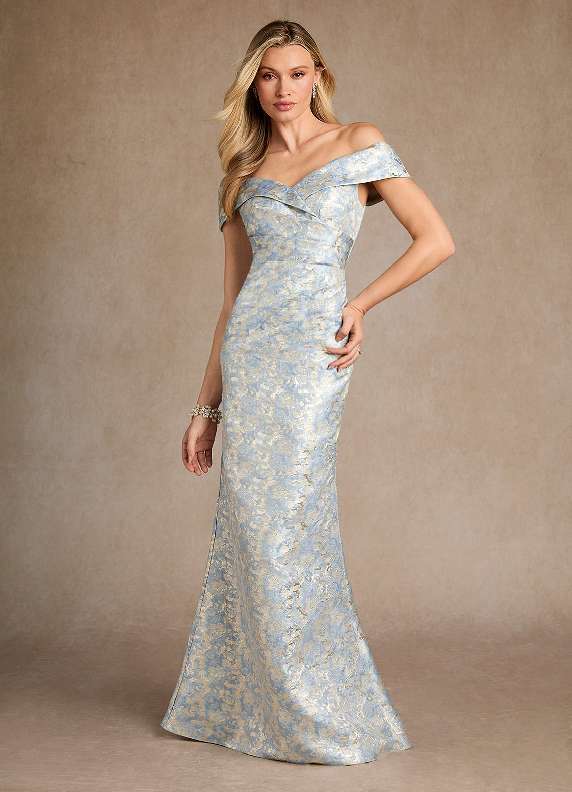 Dusty Blue Mermaid Off the Shoulder Jacquard Dress