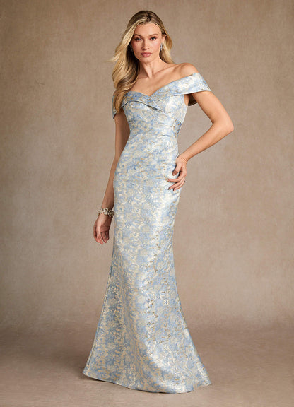 Dusty Blue Mermaid Off the Shoulder Jacquard Dress