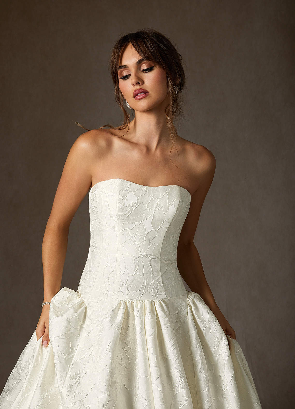 Antique White Ball-Gown Strapless Floral Jacquard Dress