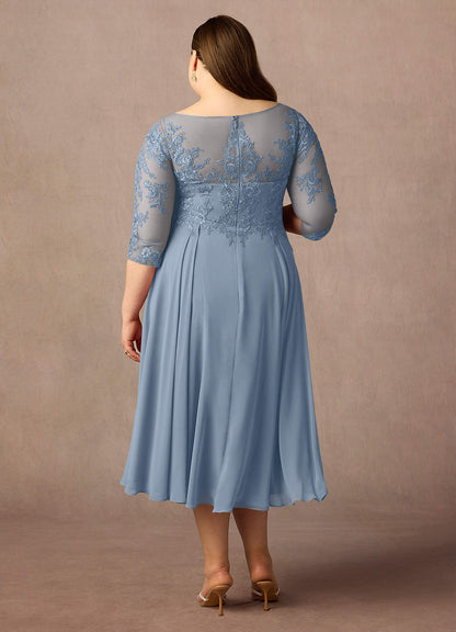 Dusty Blue A-Line Scoop Lace Chiffon Dress