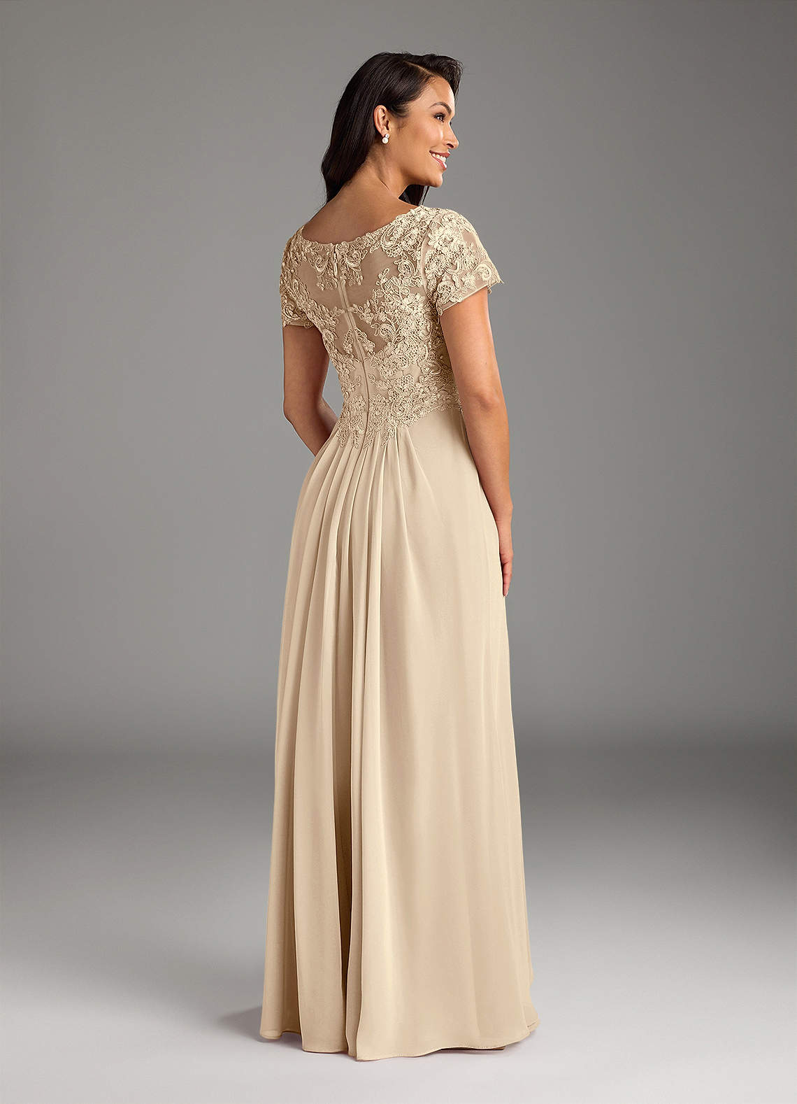 Champagne A-Line V-Neck Lace Chiffon Dress