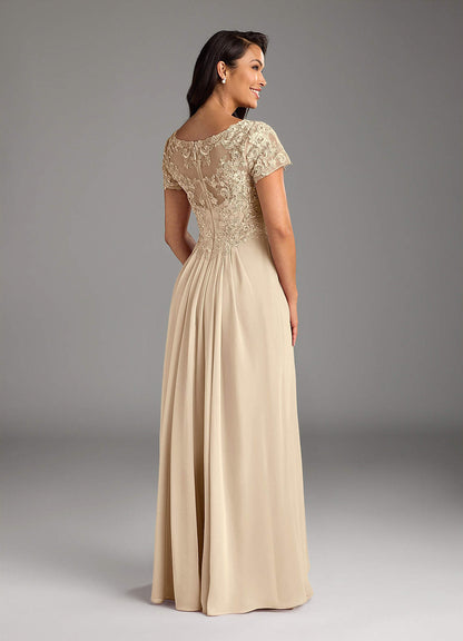 Champagne A-Line V-Neck Lace Chiffon Dress