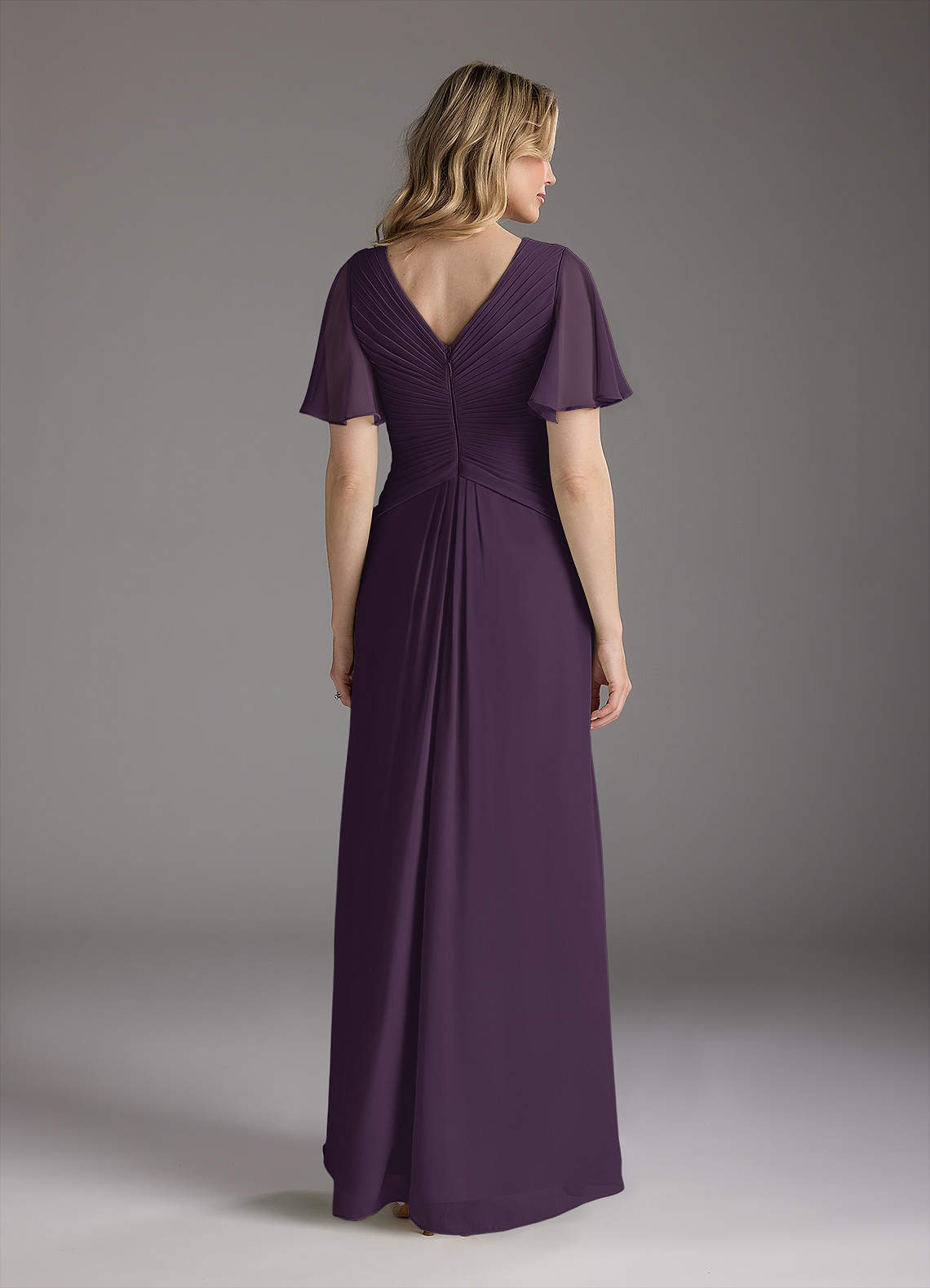 Plum A-Line V-Neck Ruched Chiffon Dress