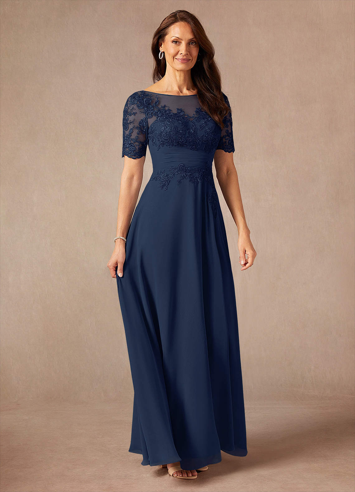 Dark Navy A-Line Lace Chiffon Dress