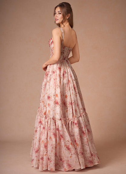 Halame Apricot Multi Sleeveless Floral A-Line Prom Dress