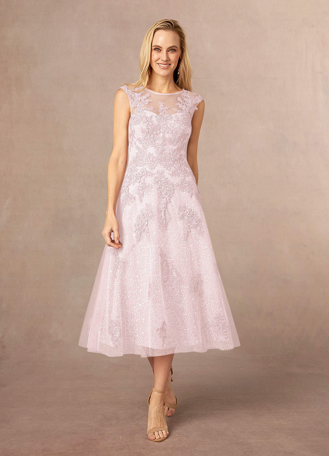 Blushing Pink A-Line Boatneck Lace Tulle Dress