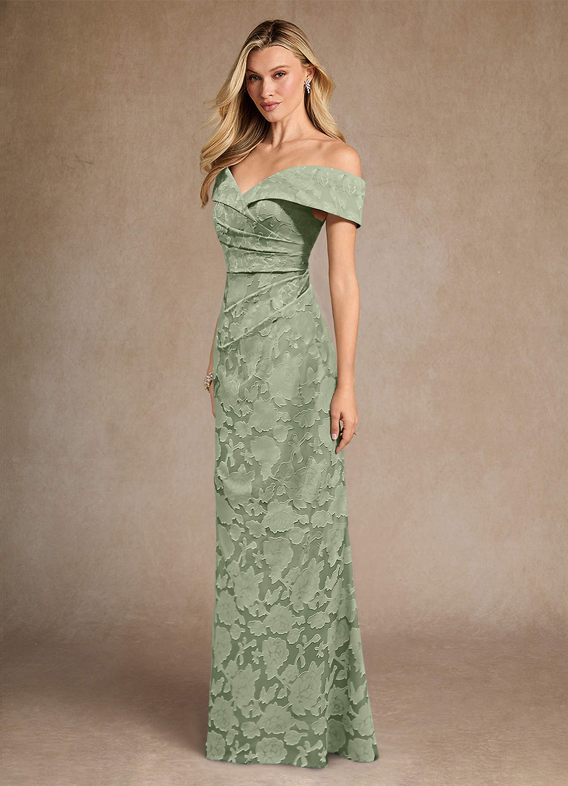 Dusty Sage Mermaid Off the Shoulder Floral Burnout Dress