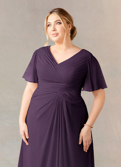 Plum A-Line V-Neck Ruched Chiffon Dress