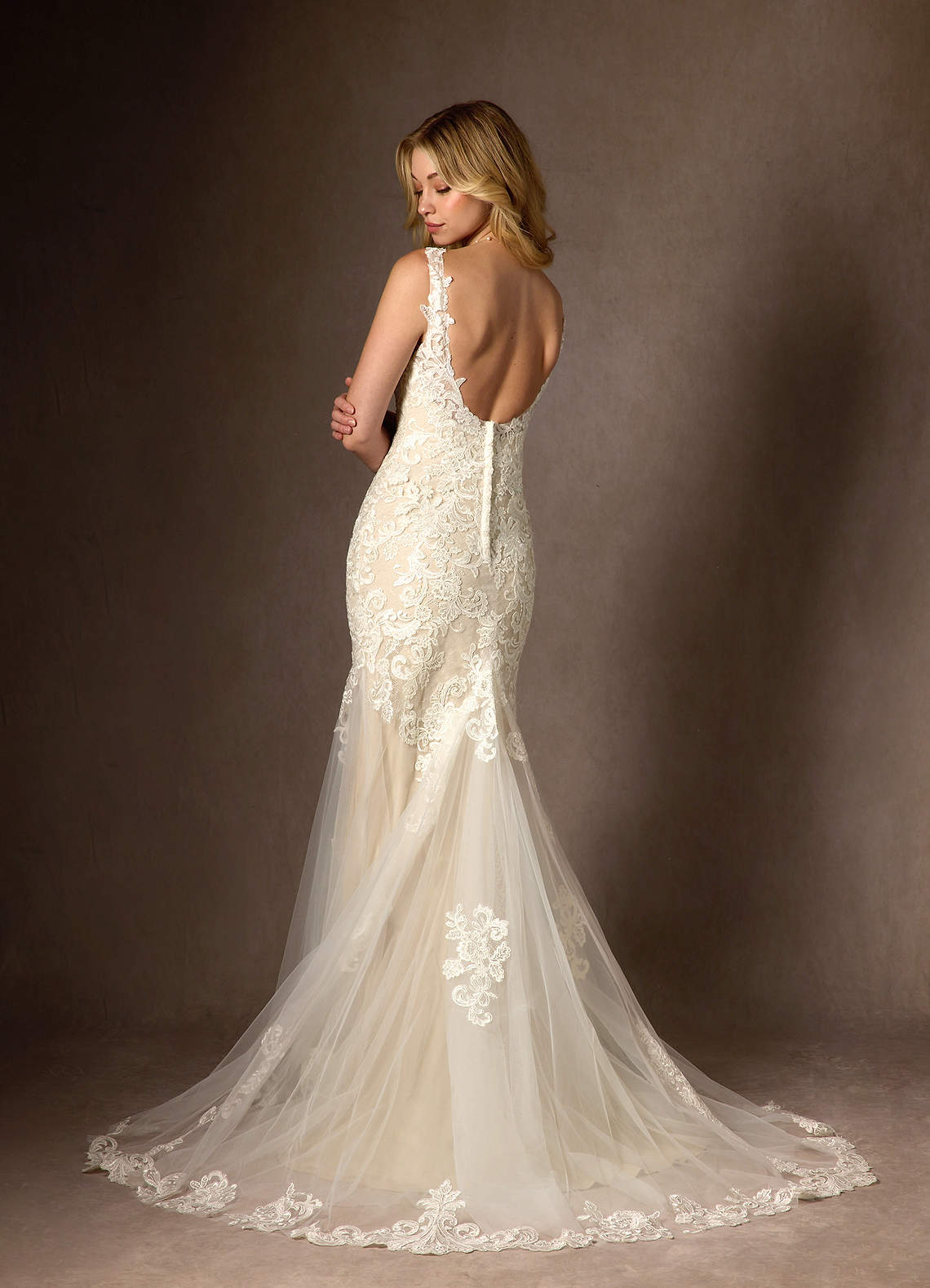 Diamond White Champagne Mermaid Sequins Tulle Dress