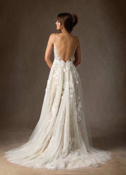 Diamond White Champagne A-Line Lace Tulle Dress