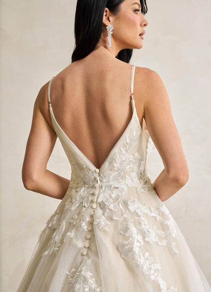 Diamond White Champagne A-Line V-Neck Sequins Tulle Dress