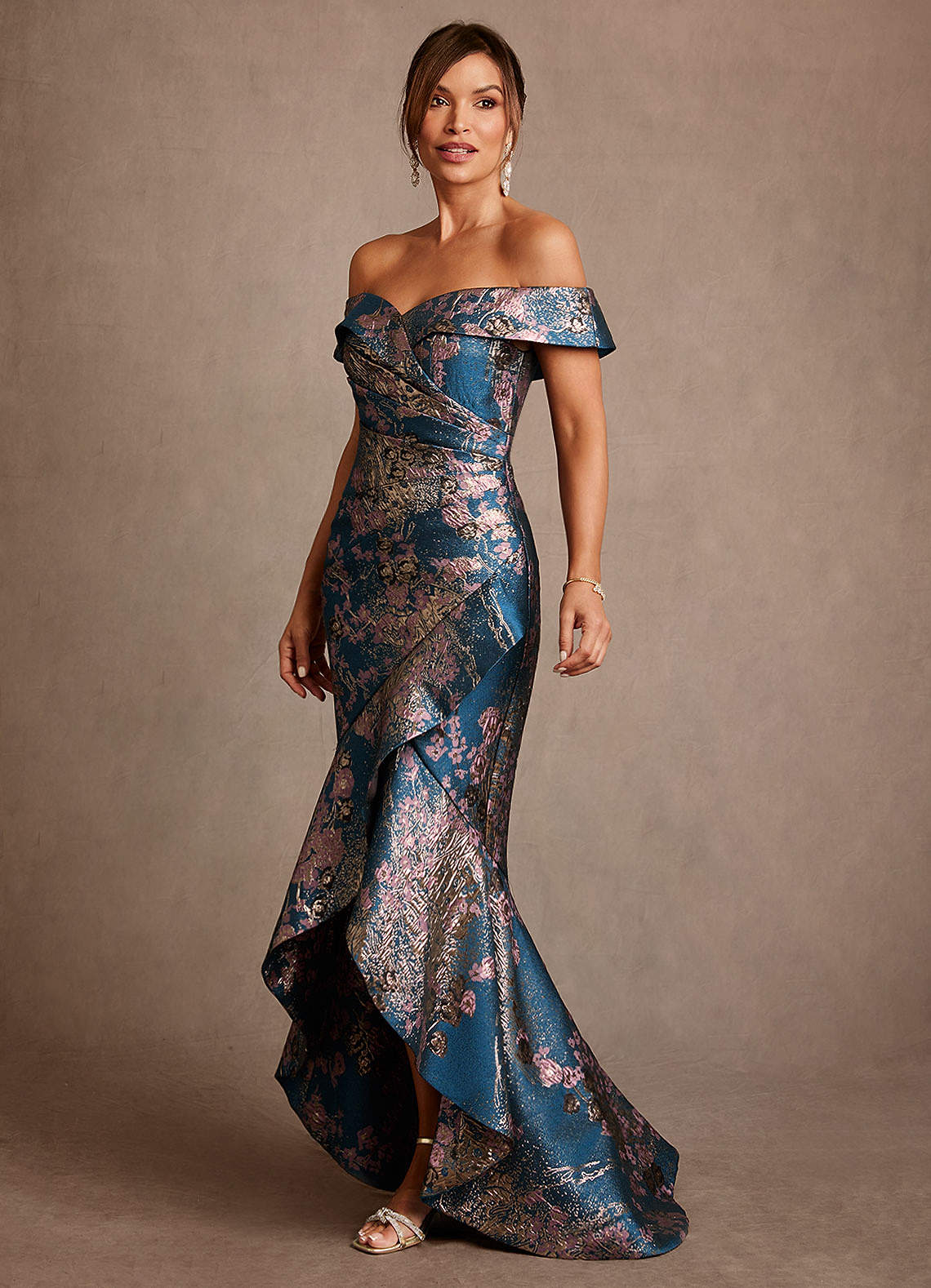 Teal Floral Mermaid Off the Shoulder Floral Jacquard Dress