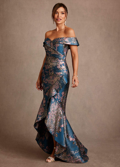 Teal Floral Mermaid Off the Shoulder Floral Jacquard Dress