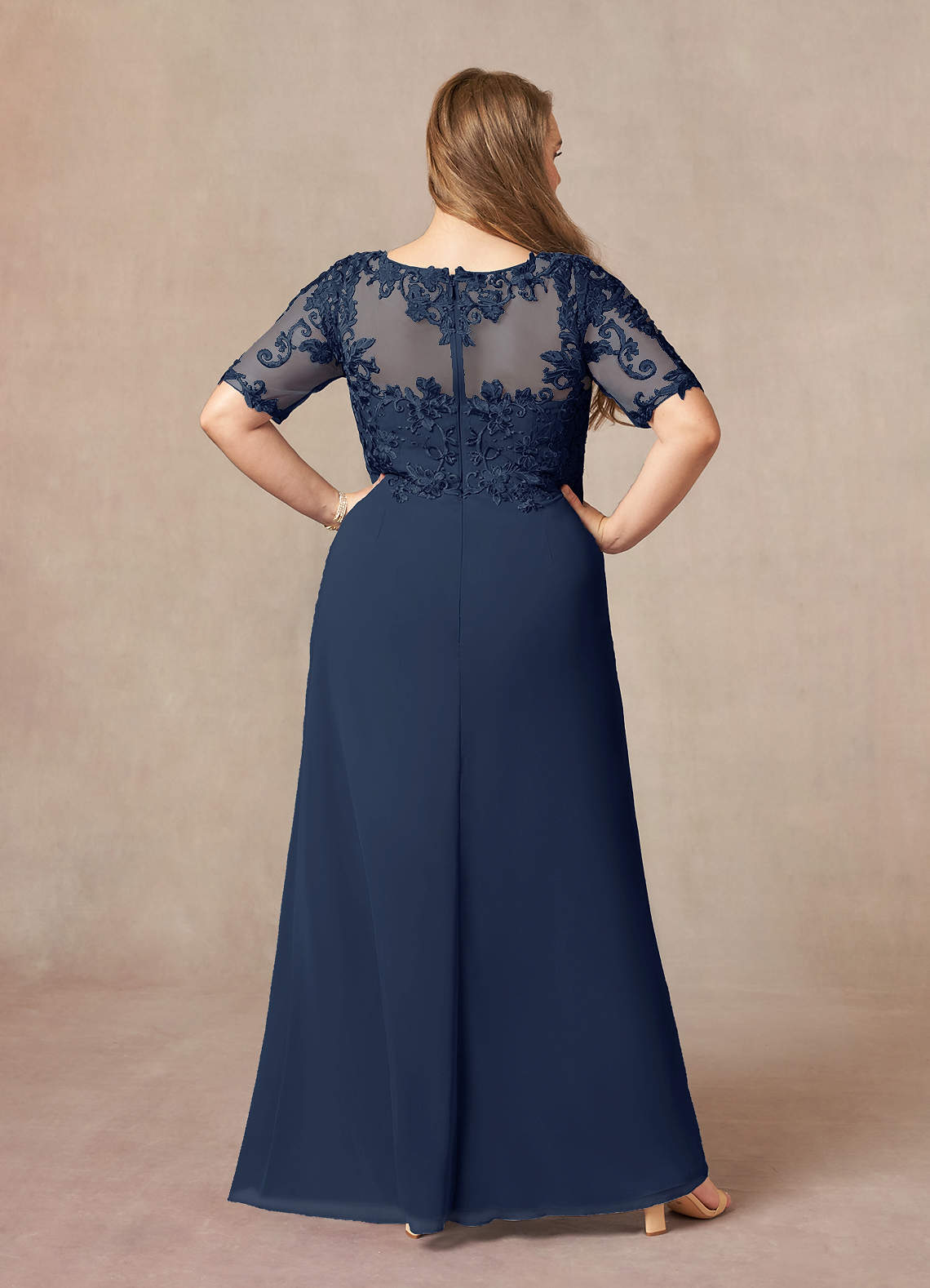 Dark Navy A-Line V-Neck Lace Chiffon Dress