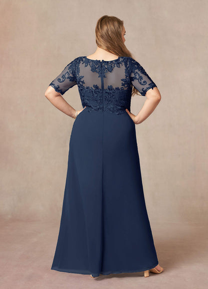 Dark Navy A-Line V-Neck Lace Chiffon Dress