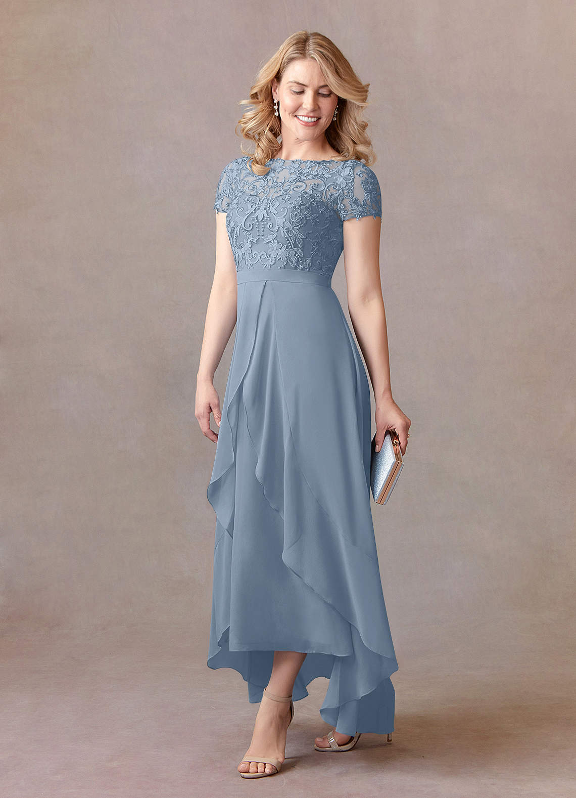 Dusty Blue A-Line Lace Chiffon Dress