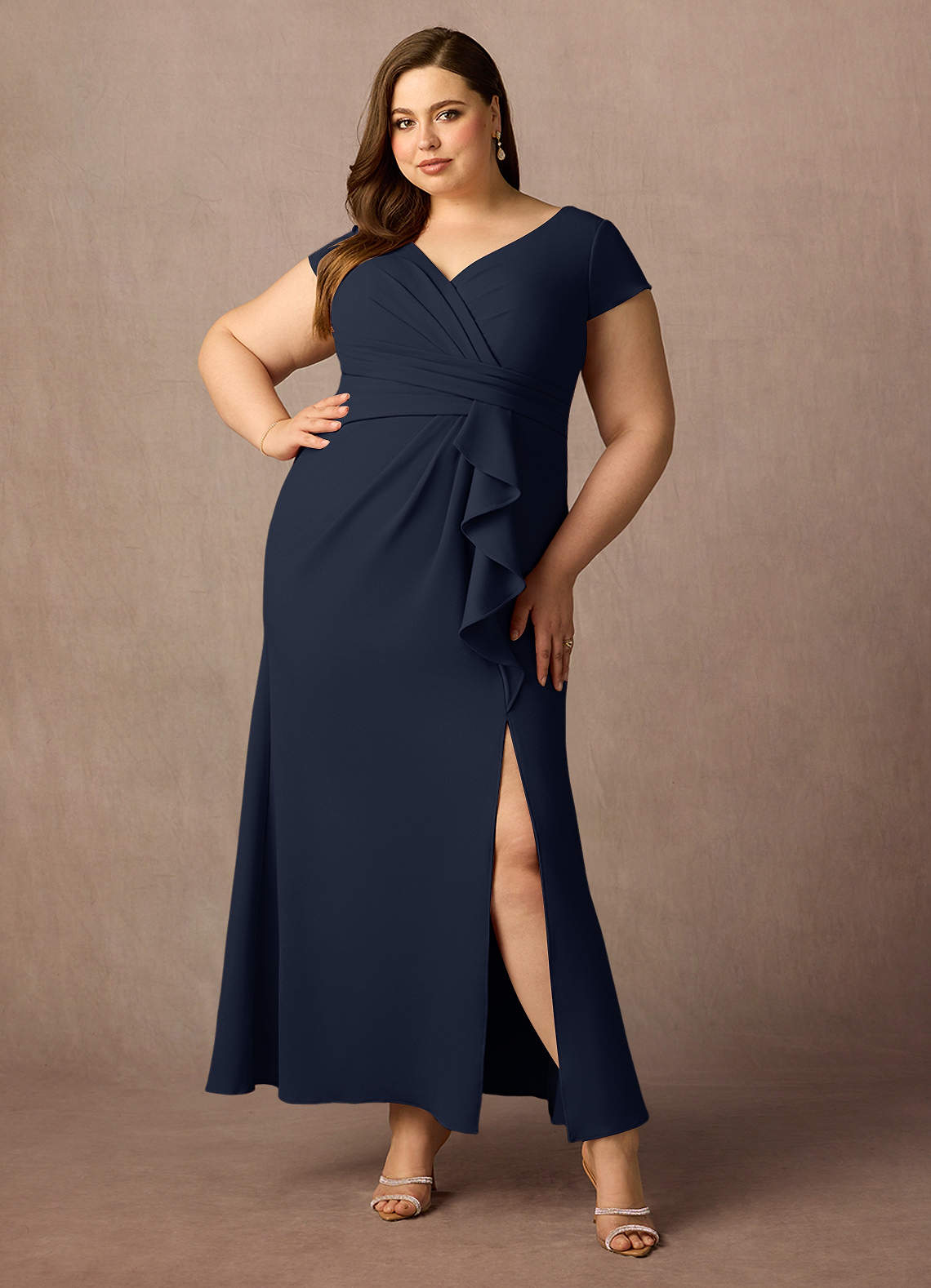 Dark Navy Mermaid V-Neck Pleated Stretch Crepe Dress