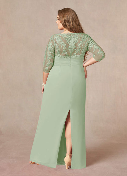 Dusty Sage Sheath V-Neck Lace Chiffon Dress