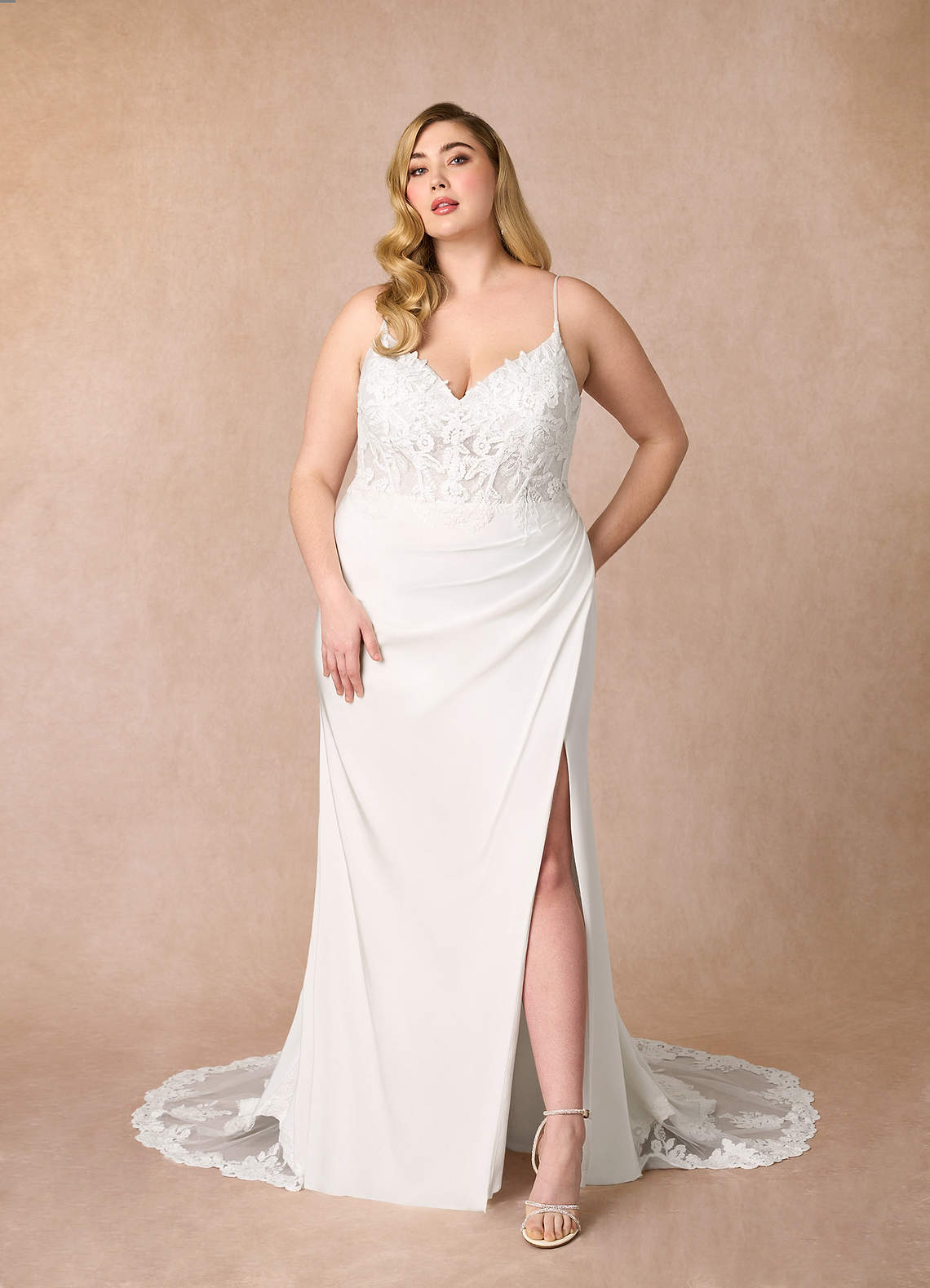 Diamond White Mermaid V-Neck lace Crepe Back Satin Dress