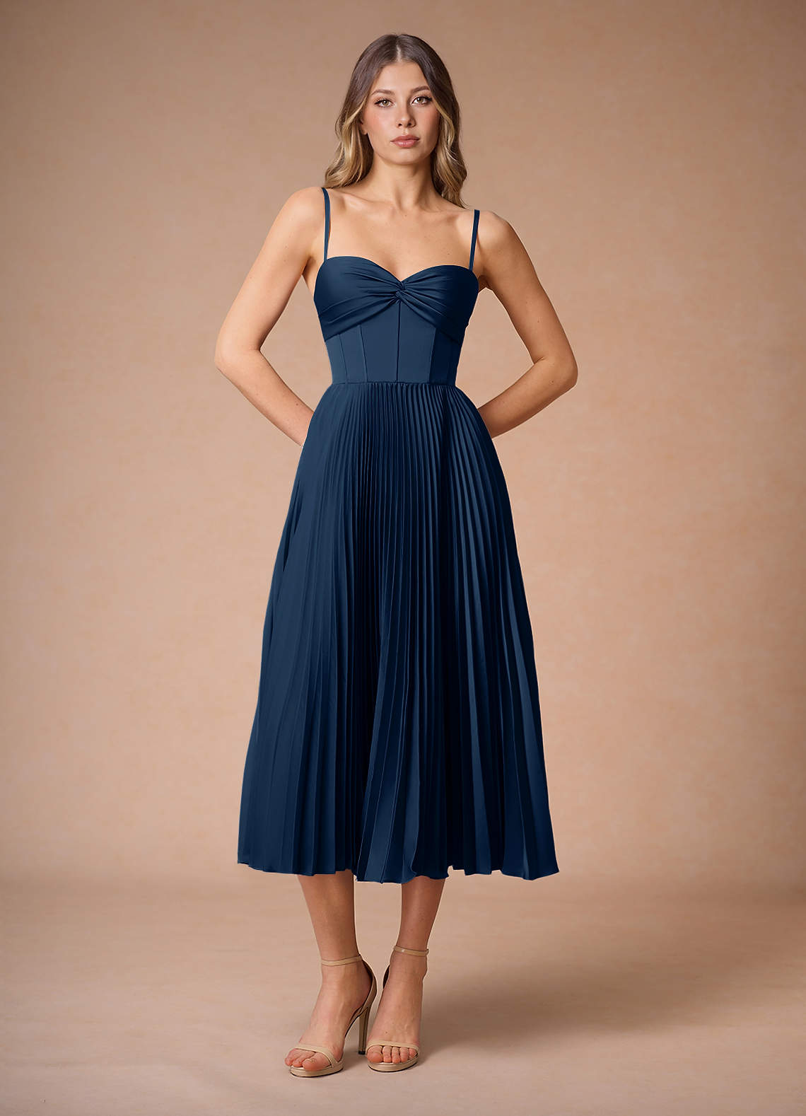 L¨¦na Navy Pleated Midi Dress