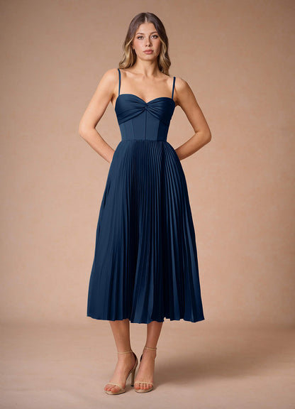L¨¦na Navy Pleated Midi Dress
