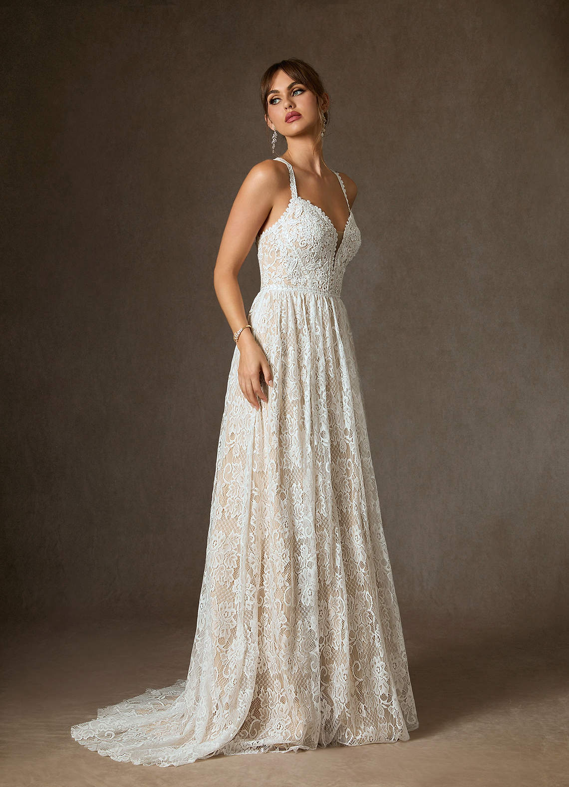 Diamond White Champagne A-Line Lace Dress