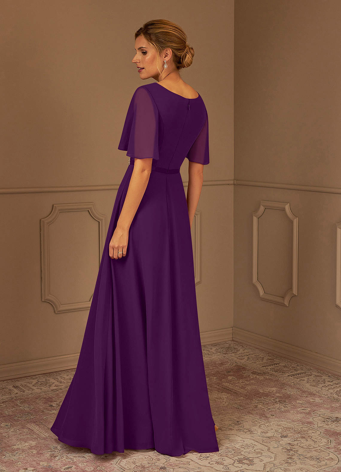 Grape A-Line V-Neck Pleated Chiffon Dress