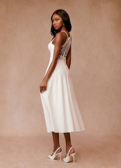 Diamond White A-Line Sequins Stretch Crepe Dress