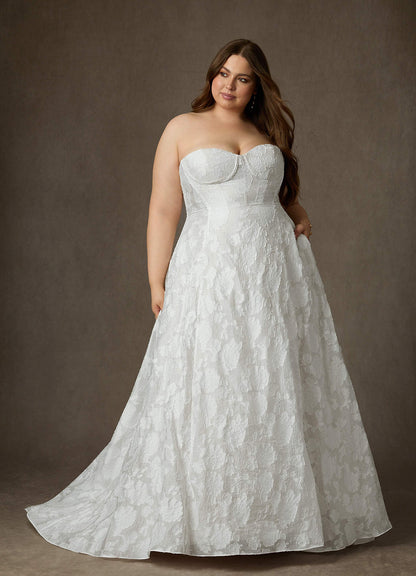 Diamond White Ball-Gown Strapless Floral Burnout Jacquard Dress